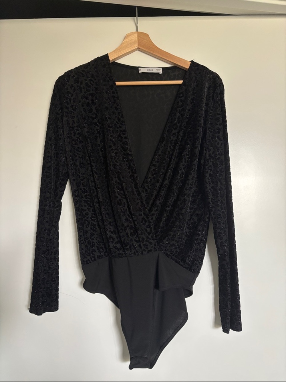 Mango Black Velvet Leopard-Pattern Wrap Bodysuit
